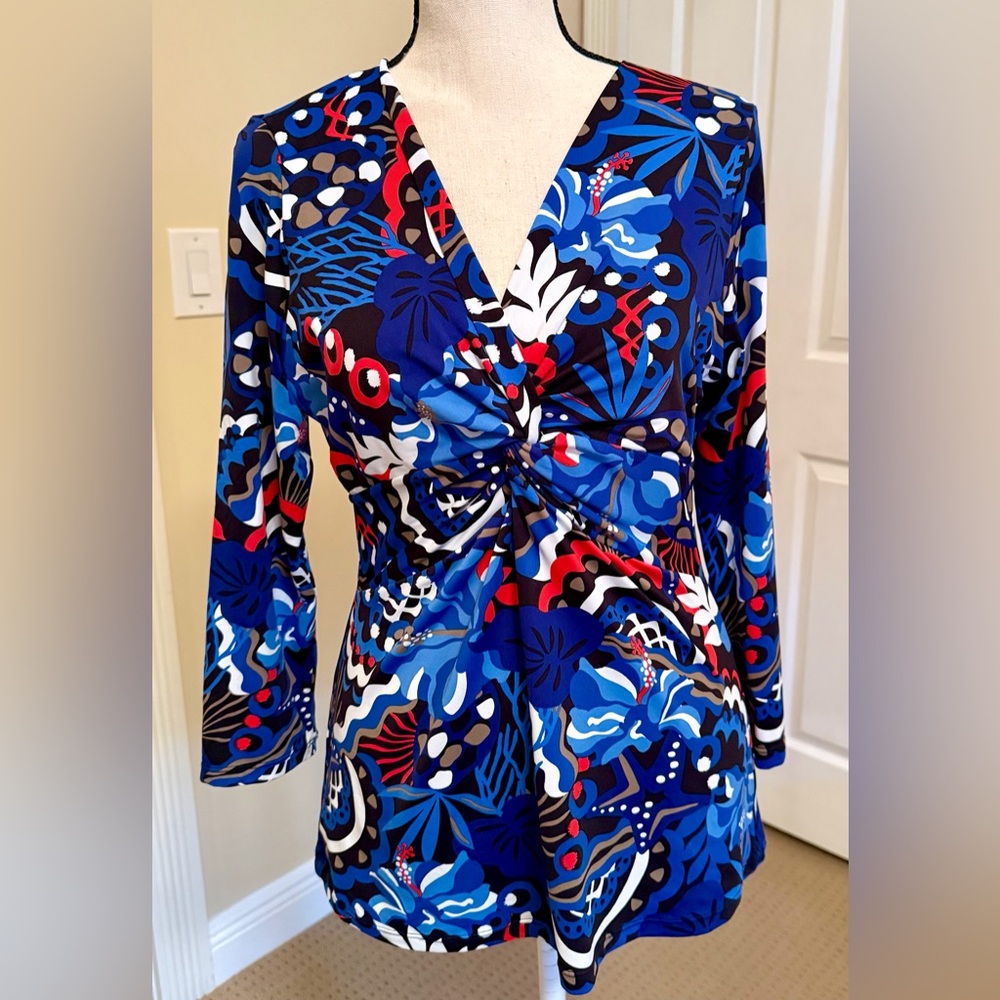 NWT Tommy Bahama Blue Multi Floral Twist-Front Tunic, Sz S